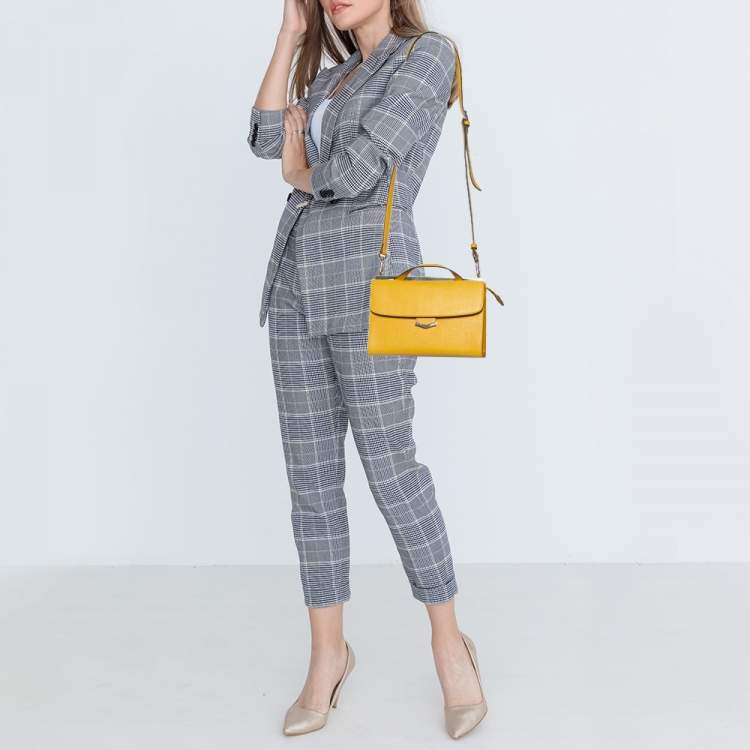 Pre Owned Fendi Yellow Textured Leather Mini Demi Jour Top Handle Bag