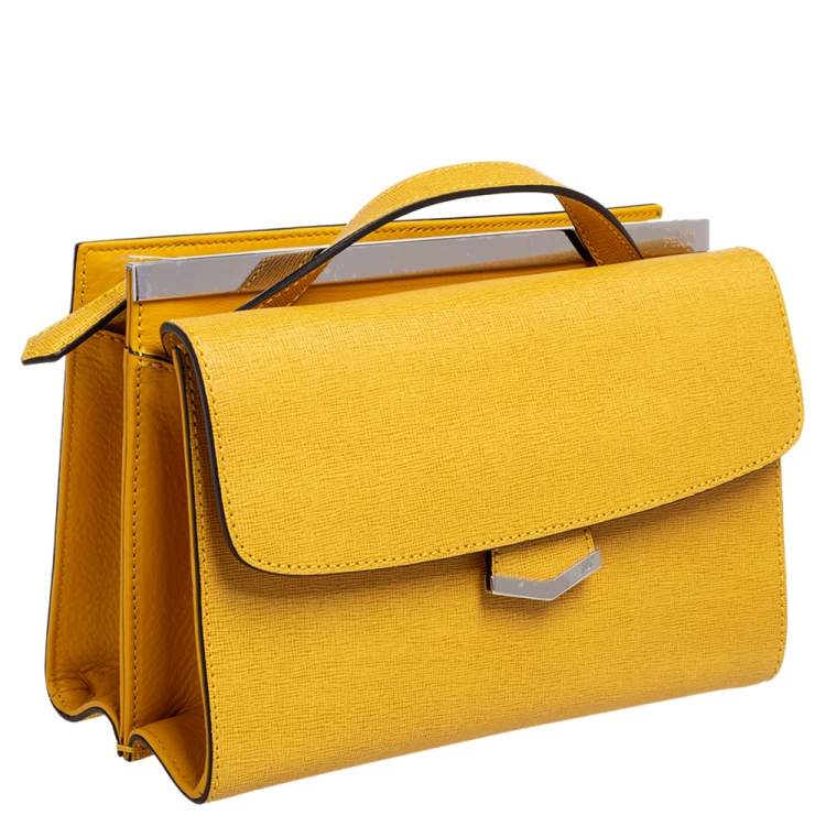 Pre Owned Fendi Yellow Textured Leather Mini Demi Jour Top Handle Bag