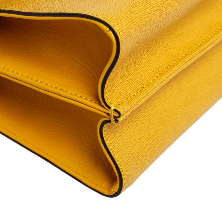 Pre Owned Fendi Yellow Textured Leather Mini Demi Jour Top Handle Bag