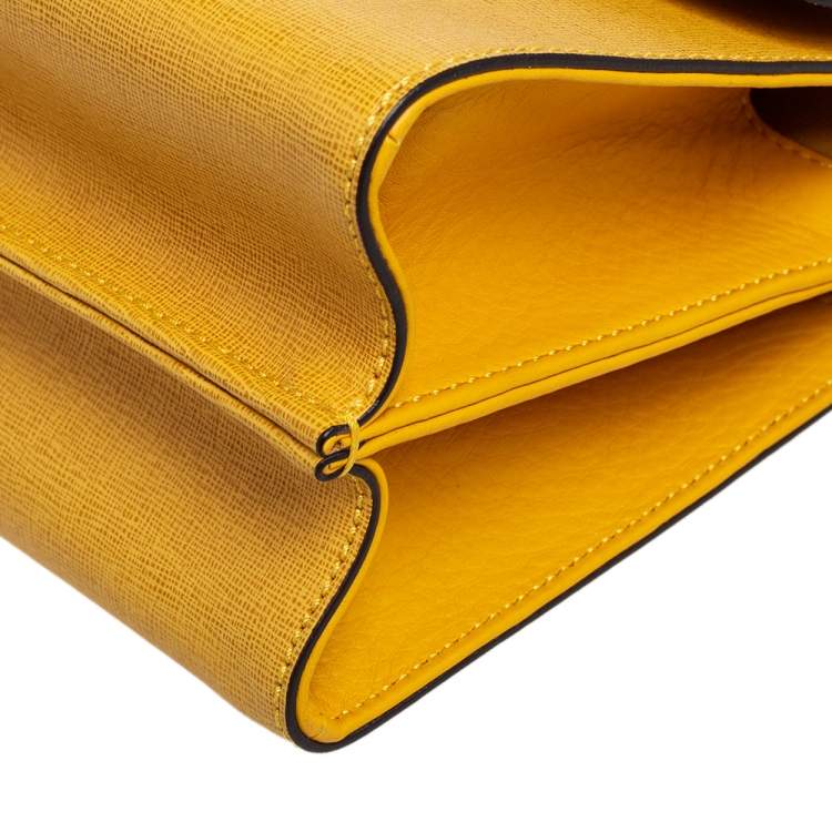 Pre Owned Fendi Yellow Textured Leather Mini Demi Jour Top Handle Bag