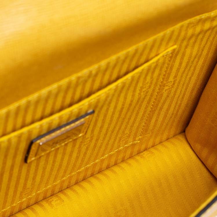 Pre Owned Fendi Yellow Textured Leather Mini Demi Jour Top Handle Bag