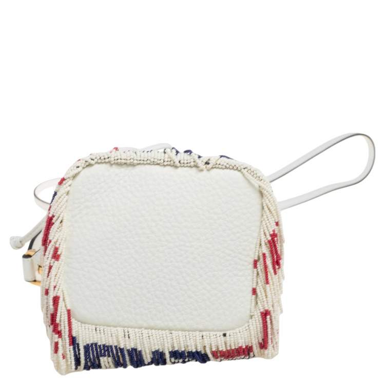 Pre Owned Fendi x Fila White Leather Mini Logo Mon Tresor Drawstring Bucket Bag