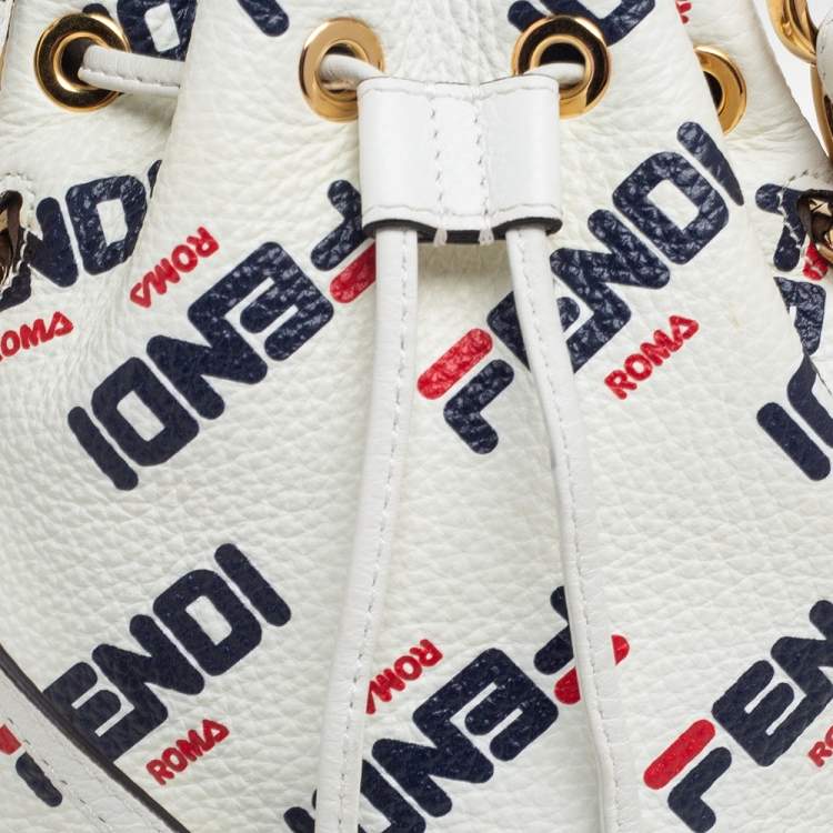 Pre Owned Fendi x Fila White Leather Mini Logo Mon Tresor Drawstring Bucket Bag