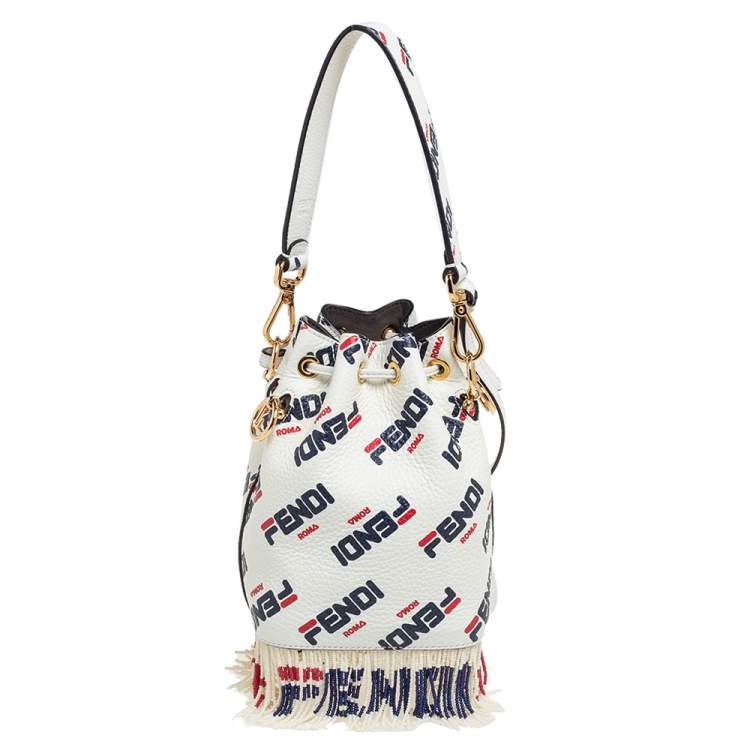 Pre Owned Fendi x Fila White Leather Mini Logo Mon Tresor Drawstring Bucket Bag