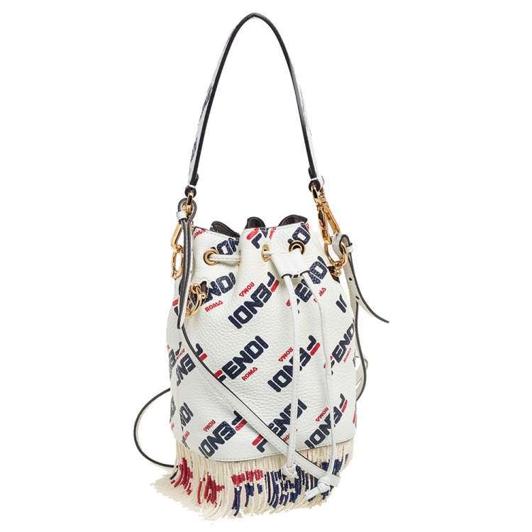 Pre Owned Fendi x Fila White Leather Mini Logo Mon Tresor Drawstring Bucket Bag