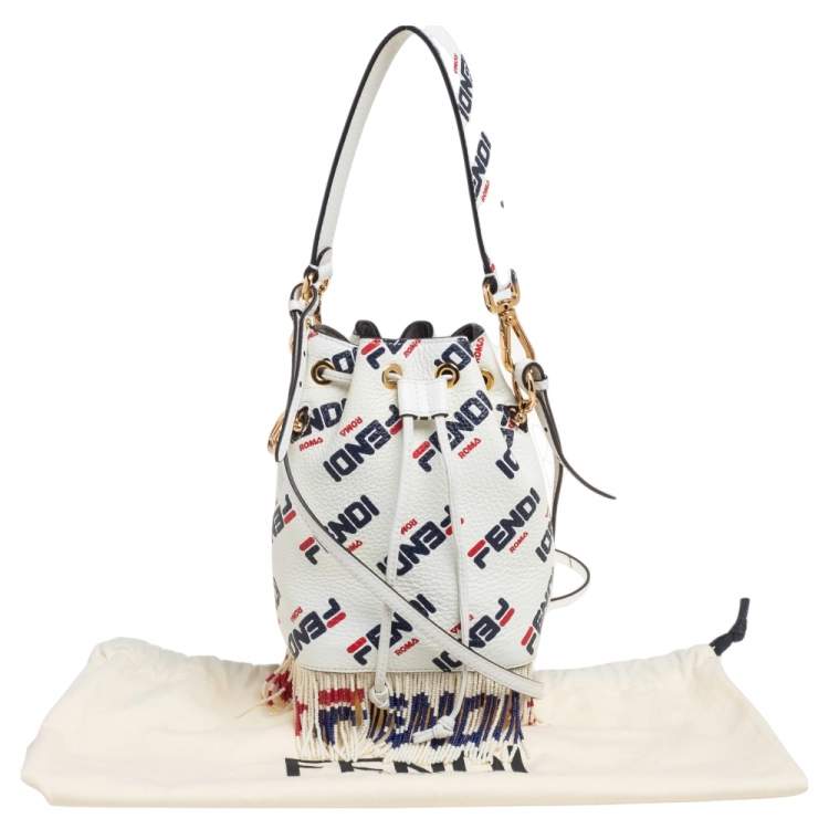 Pre Owned Fendi x Fila White Leather Mini Logo Mon Tresor Drawstring Bucket Bag