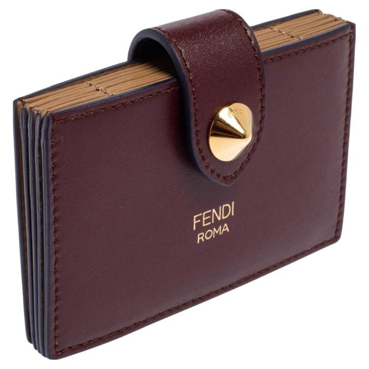 Pre Owned Fendi Burgundy Leather Single Stud Multiple Card Holder