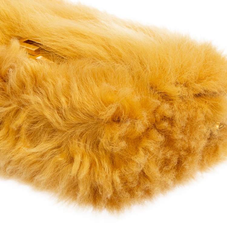 Pre Owned Fendi Yellow Fur And Leather Mini Baguette Bag