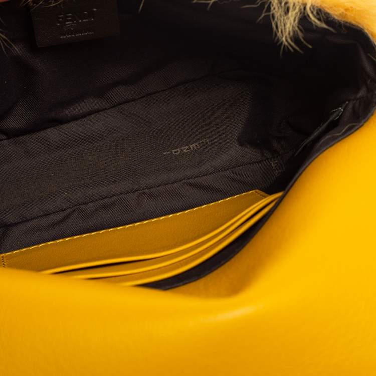 Pre Owned Fendi Yellow Fur And Leather Mini Baguette Bag