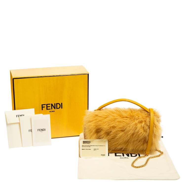 Pre Owned Fendi Yellow Fur And Leather Mini Baguette Bag