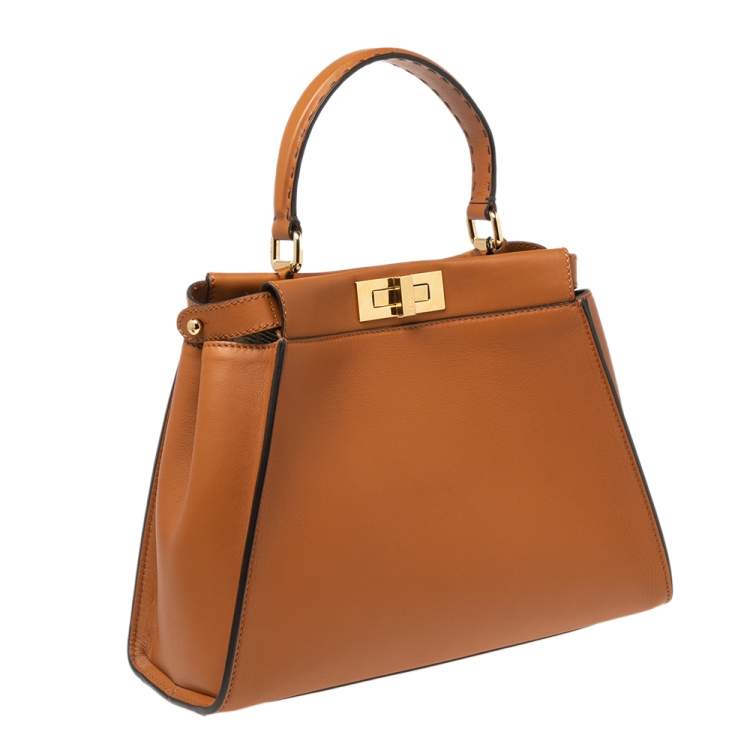 Pre Owned Fendi Tan Leather Medium Peekaboo Top Handle Bag