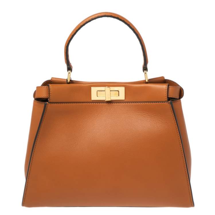 Pre Owned Fendi Tan Leather Medium Peekaboo Top Handle Bag