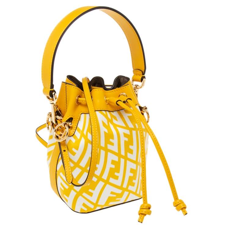 Pre Owned Fendi Yellow/White FF Vertigo Coated Canvas and Leather Mini Mon Tresor Drawstring Bucket Bag
