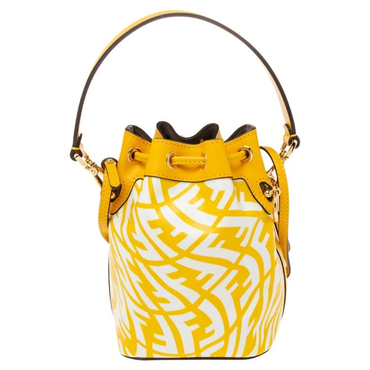 Pre Owned Fendi Yellow/White FF Vertigo Coated Canvas and Leather Mini Mon Tresor Drawstring Bucket Bag