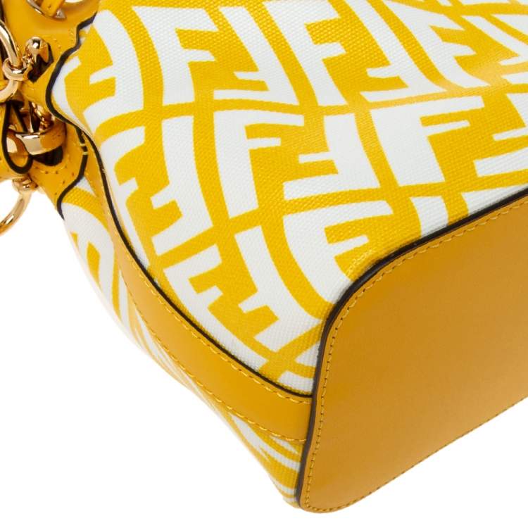 Pre Owned Fendi Yellow/White FF Vertigo Coated Canvas and Leather Mini Mon Tresor Drawstring Bucket Bag