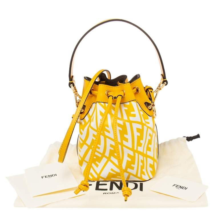 Pre Owned Fendi Yellow/White FF Vertigo Coated Canvas and Leather Mini Mon Tresor Drawstring Bucket Bag