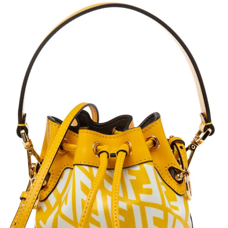 Pre Owned Fendi Yellow/White FF Vertigo Coated Canvas and Leather Mini Mon Tresor Drawstring Bucket Bag