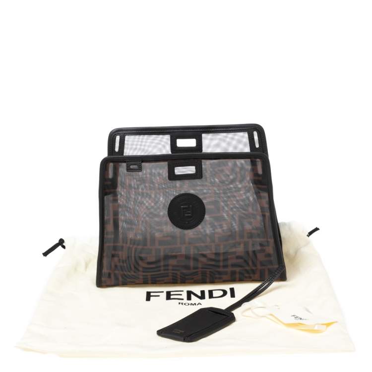 Pre Owned Fendi Tobacco Zucca Mesh and Leather Small Peekaboo Defender Clutch