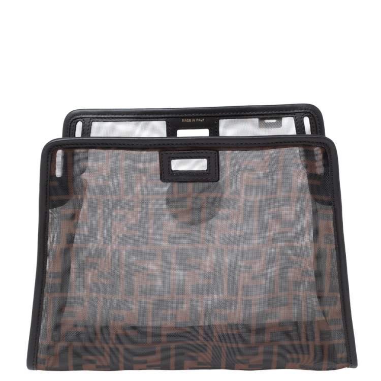 Pre Owned Fendi Tobacco Zucca Mesh and Leather Small Peekaboo Defender Clutch