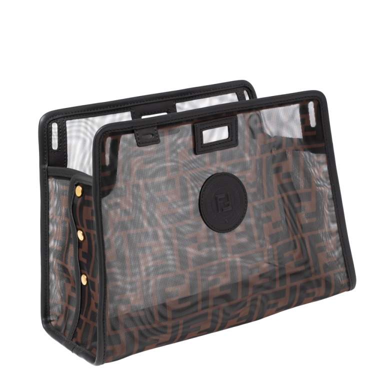 Pre Owned Fendi Tobacco Zucca Mesh and Leather Small Peekaboo Defender Clutch