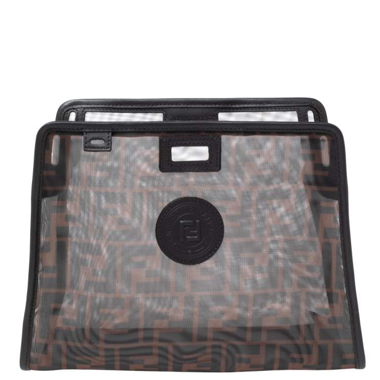 Pre Owned Fendi Tobacco Zucca Mesh and Leather Small Peekaboo Defender Clutch