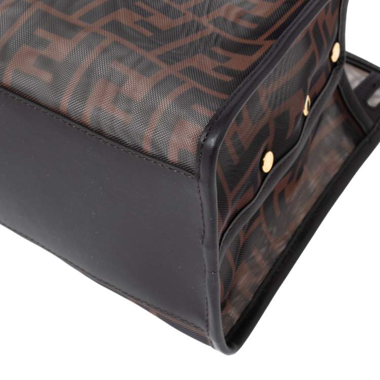 Pre Owned Fendi Tobacco Zucca Mesh and Leather Small Peekaboo Defender Clutch