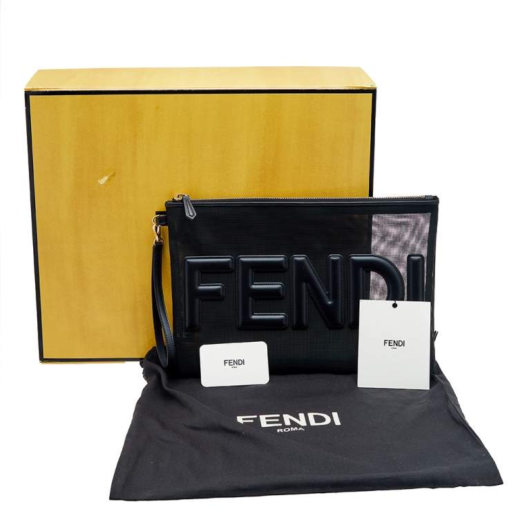 Pre Owned Fendi Black Mesh and Leather Large Logo Flat Pouch