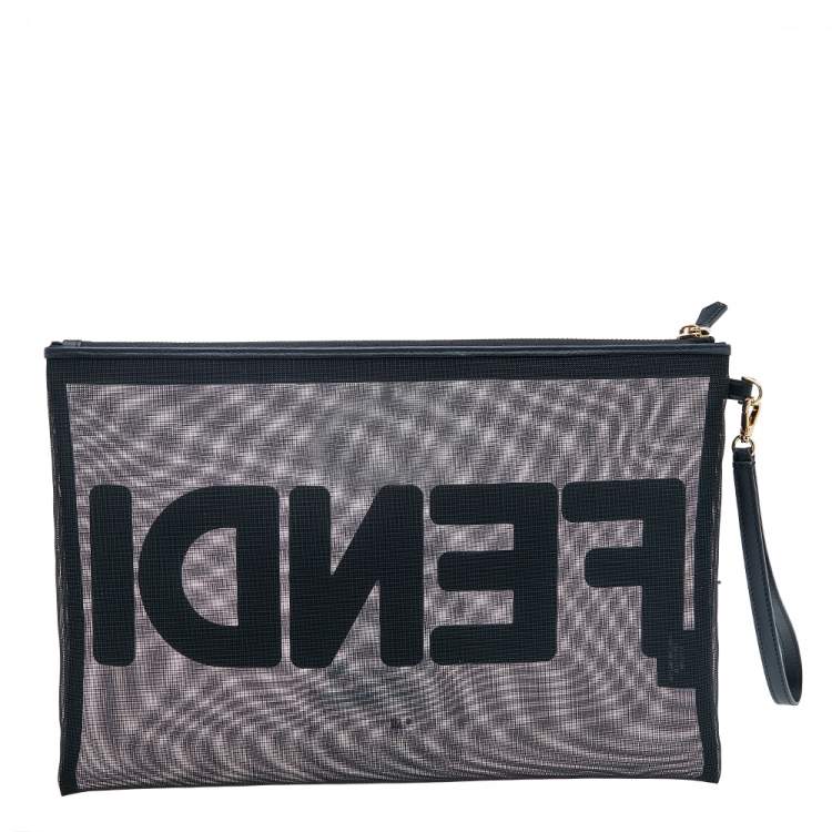 Pre Owned Fendi Black Mesh and Leather Large Logo Flat Pouch