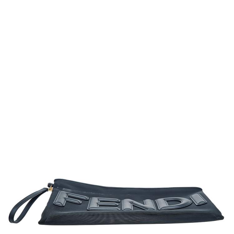 Pre Owned Fendi Black Mesh and Leather Large Logo Flat Pouch