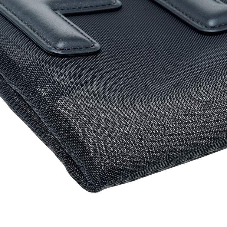 Pre Owned Fendi Black Mesh and Leather Large Logo Flat Pouch