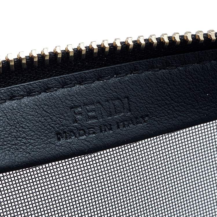 Pre Owned Fendi Black Mesh and Leather Large Logo Flat Pouch