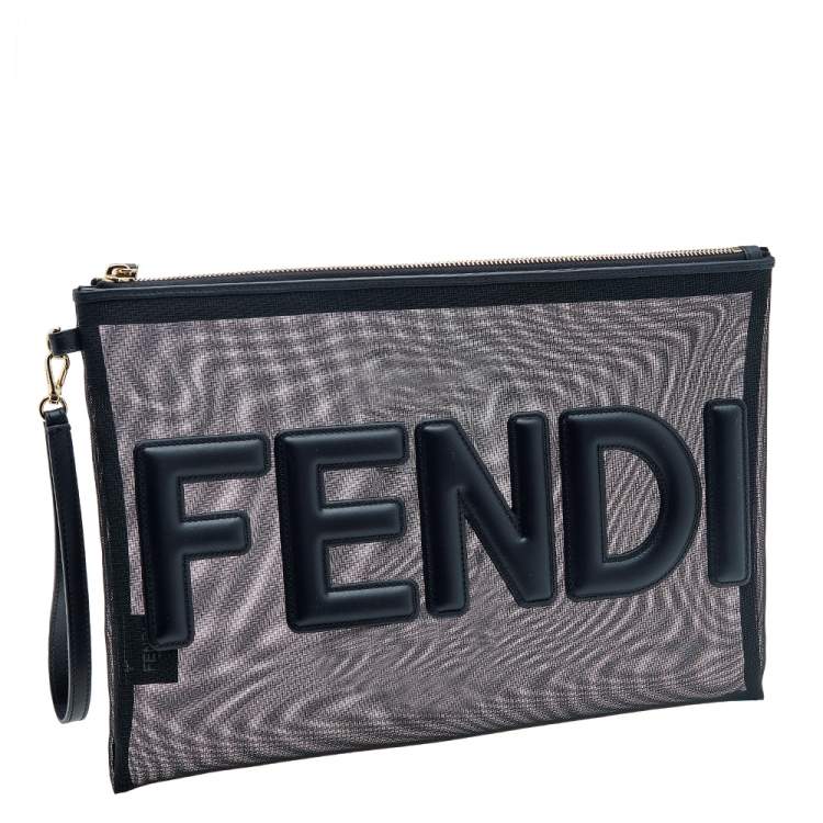 Pre Owned Fendi Black Mesh and Leather Large Logo Flat Pouch