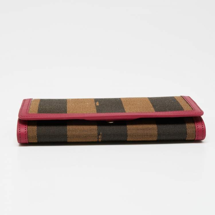 Pre Owned Fendi Brown/Burgundy Pequin Canvas and Leather Continental Wallet
