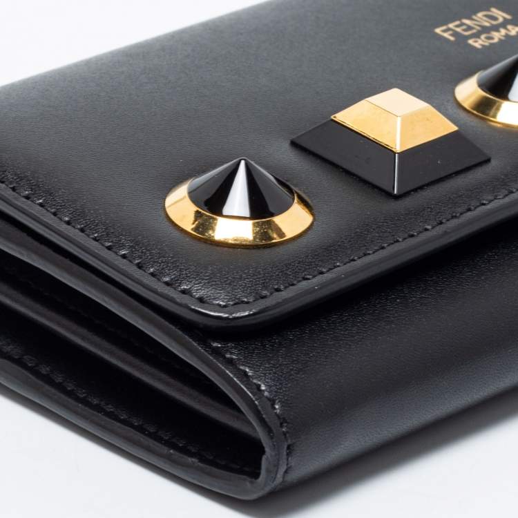 مملوكة مسبقًا Fendi Black Leather Studded Flap Wallet On Chain