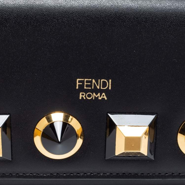 مملوكة مسبقًا Fendi Black Leather Studded Flap Wallet On Chain
