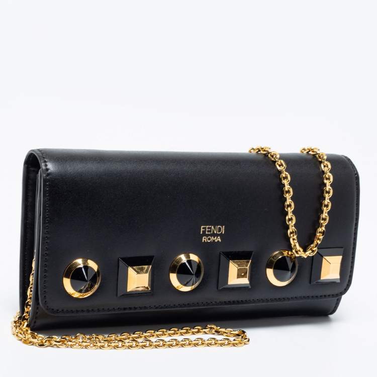 مملوكة مسبقًا Fendi Black Leather Studded Flap Wallet On Chain
