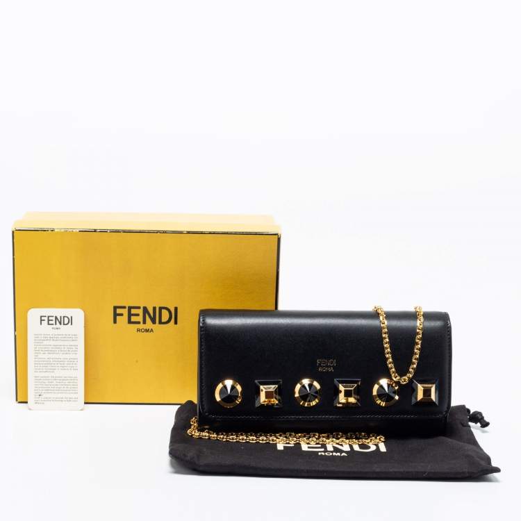 مملوكة مسبقًا Fendi Black Leather Studded Flap Wallet On Chain