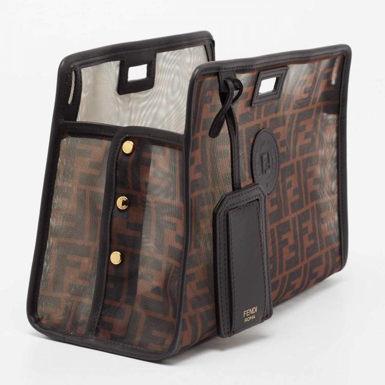 Pre Owned Fendi Brown Zucca Mesh and Leather Small Peekaboo Defender Pouch