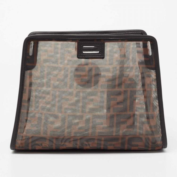 Pre Owned Fendi Brown Zucca Mesh and Leather Small Peekaboo Defender Pouch