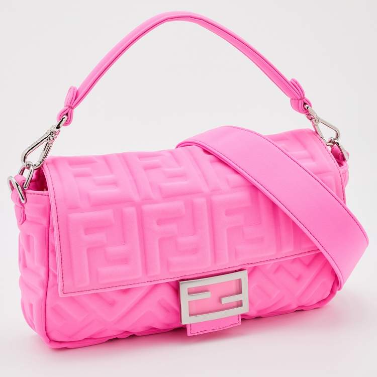 Pre Owned Fendi Pink FF Embossed Fabric Baguette Shoulder Bag