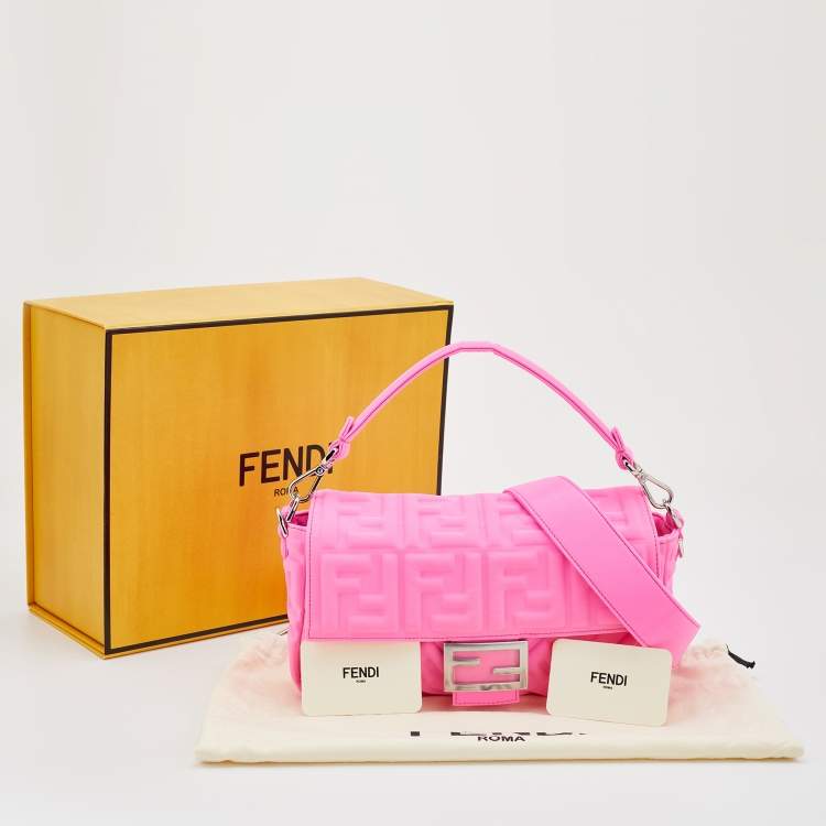 Pre Owned Fendi Pink FF Embossed Fabric Baguette Shoulder Bag