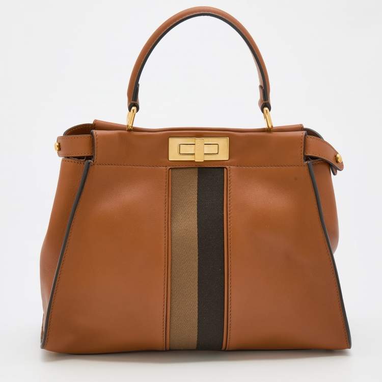 مملوكة مسبقًا Fendi Brown Leather Medium Stripe Peekaboo Top Handle Bag