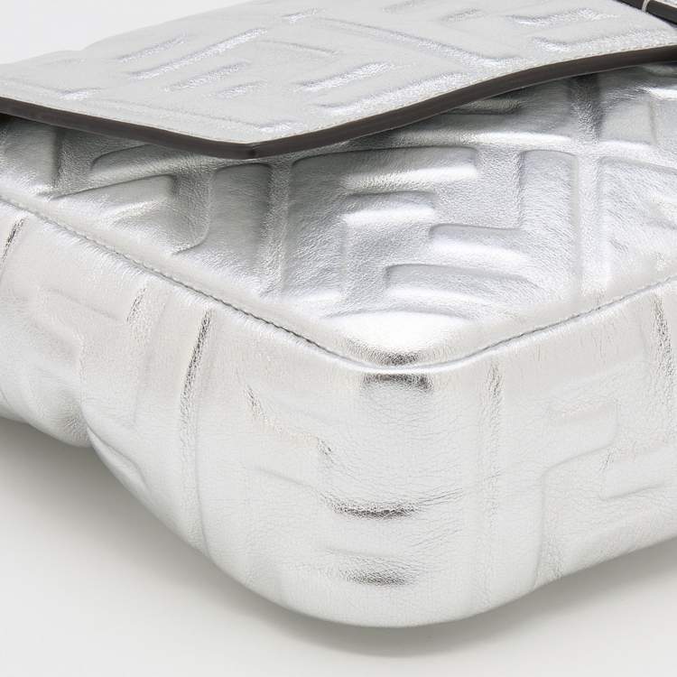 Pre Owned Fendi Silver FF Embossed Leather Large Baguette Shoulder Bags