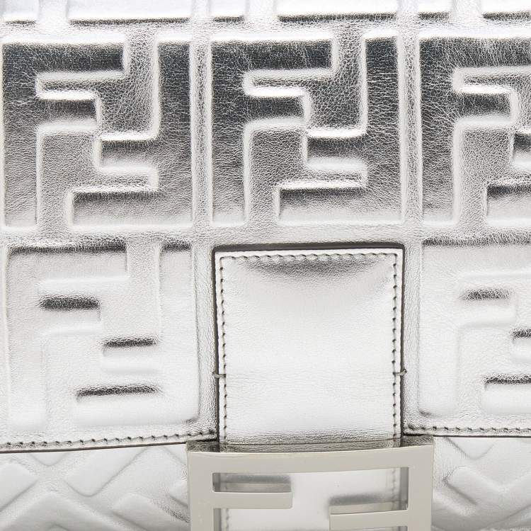 Pre Owned Fendi Silver FF Embossed Leather Large Baguette Shoulder Bags