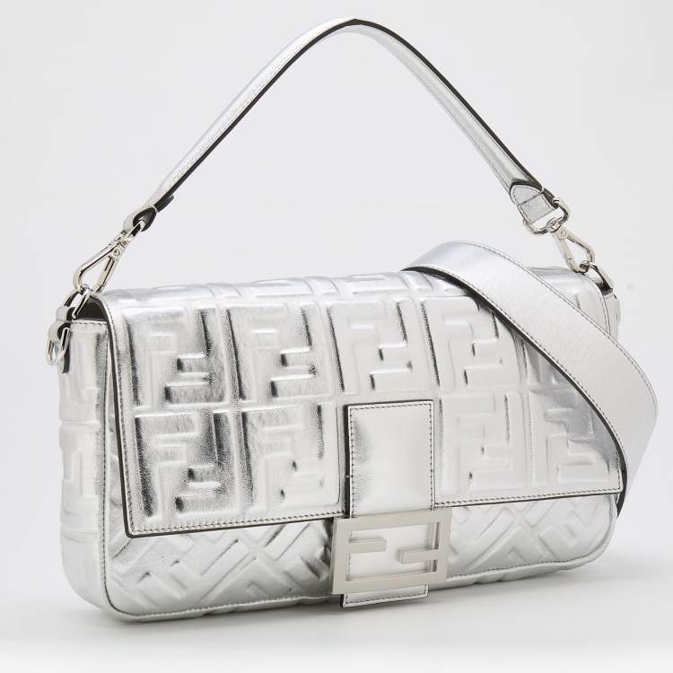 Pre Owned Fendi Silver FF Embossed Leather Large Baguette Shoulder Bags