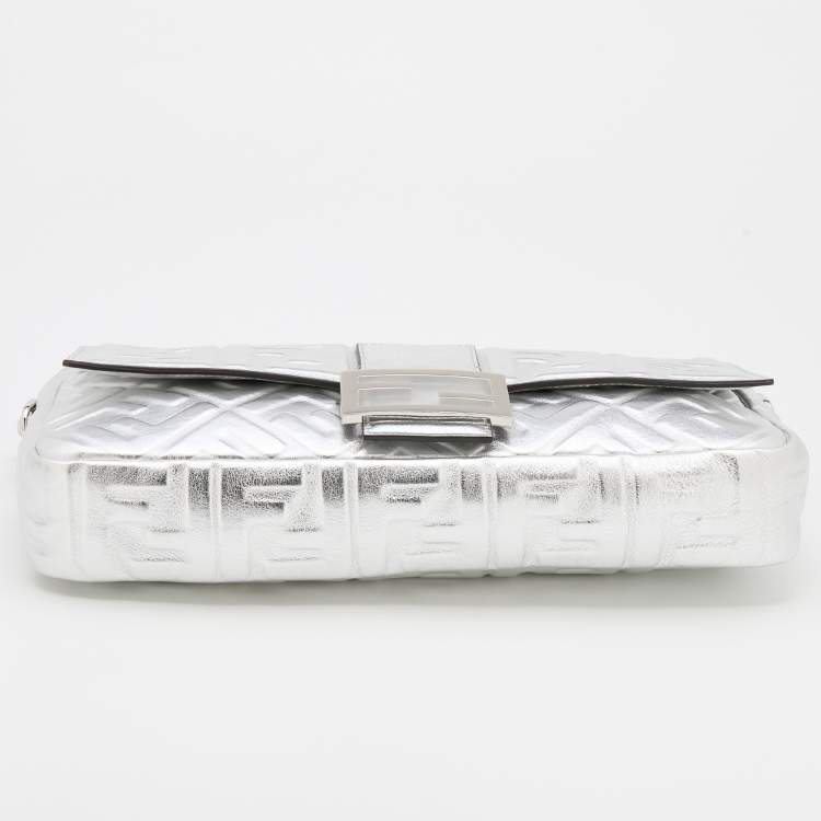 Pre Owned Fendi Silver FF Embossed Leather Large Baguette Shoulder Bags