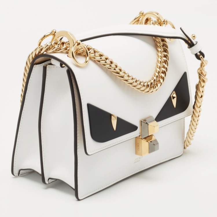 Pre Owned Fendi White/Black Leather Small Eye Detail Kan I Shoulder Bag