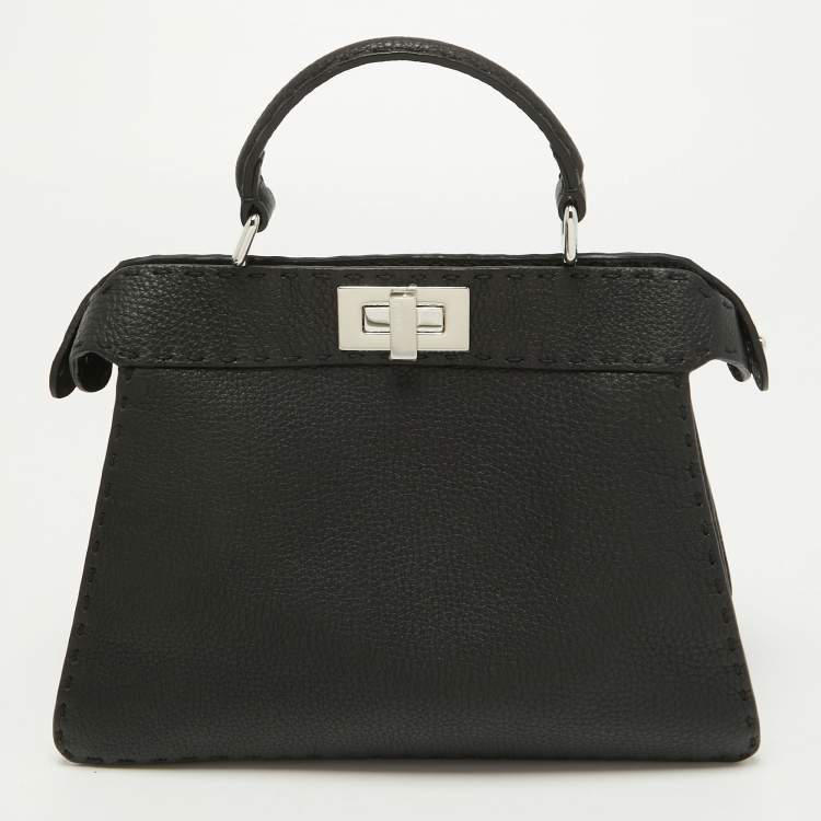 Pre Owned Fendi Black Leather Selleria Peekaboo Top Handle Bag