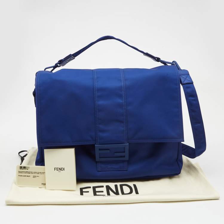 Pre Owned Fendi Blue Nylon Large Baguette Messenger Bag