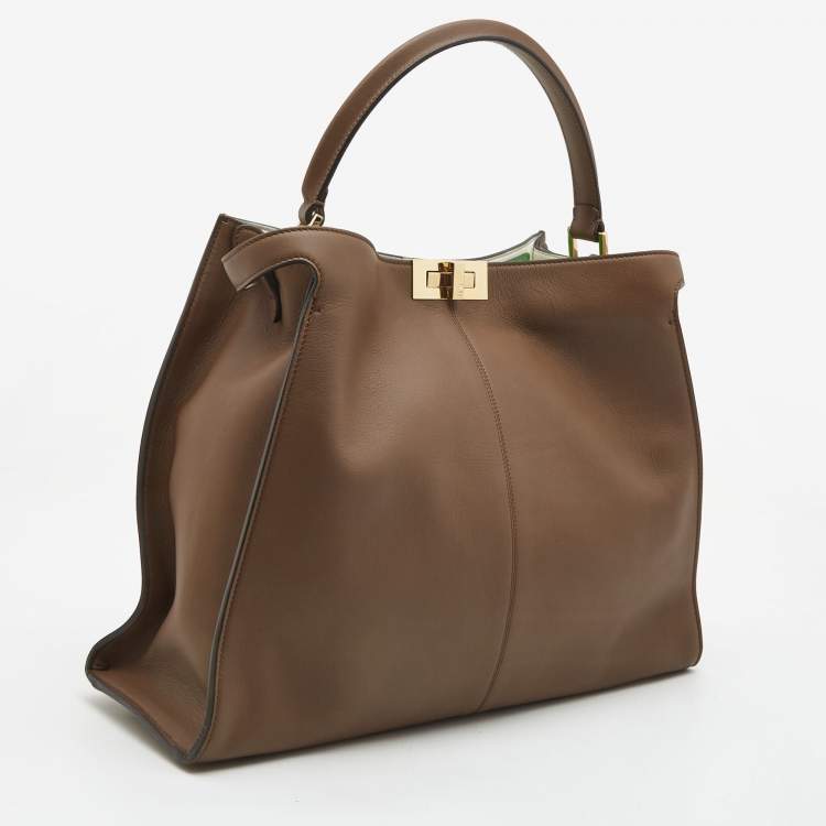 Pre Owned Fendi Brown Leather Large X Lite Peekaboo Top Handle Bag
